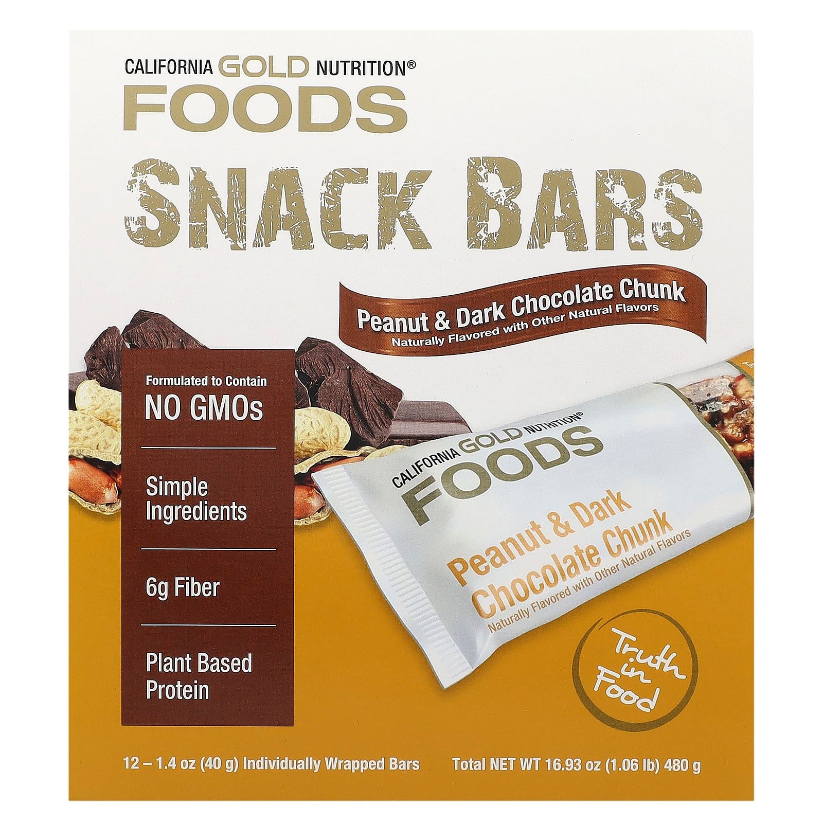 California Gold Nutrition, Foods, Barras com Pedaços de Amendoim e Chocolate Amargo com Amêndoas Torradas a Seco, Fibra da Raiz de Chicória, Peanut & Dark Chocolate Chunk, 12 Barras, 40 g (1,4 oz) Cada