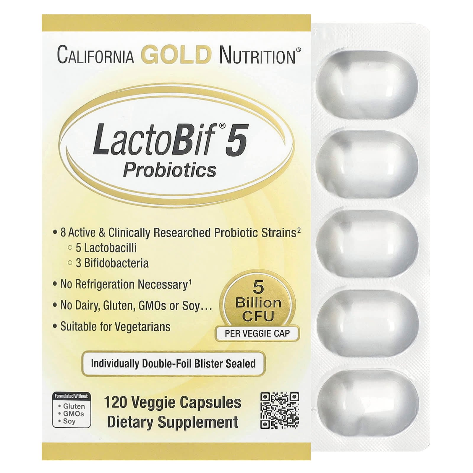 California Gold Nutrition, Probióticos LactoBif® 5, 5 Bilhões de UFCs, 120 Cápsulas Vegetais