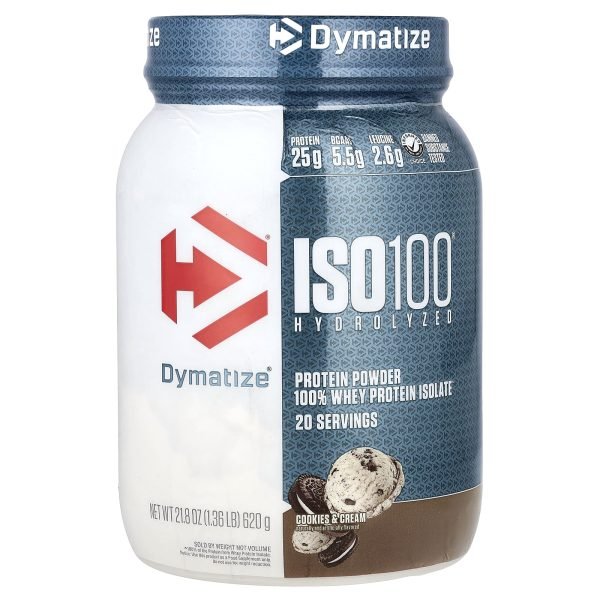 Dymatize, ISO100® Hidrolisado, 100% de Isolado de Whey Protein, Cookies & Cream, 620 g (1,36 lb)