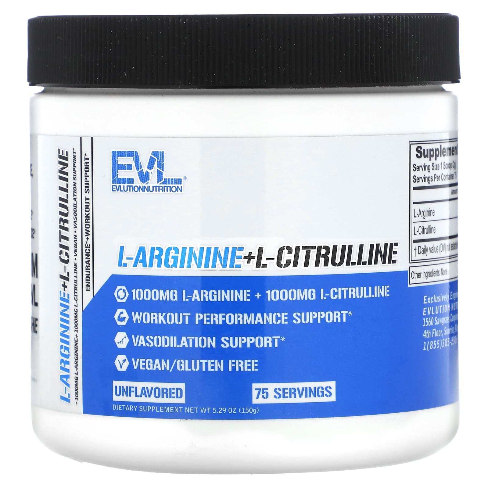 EVLution Nutrition, L-Arginine + L-Citrulline, Unflavored, 5.29 oz (150 g)