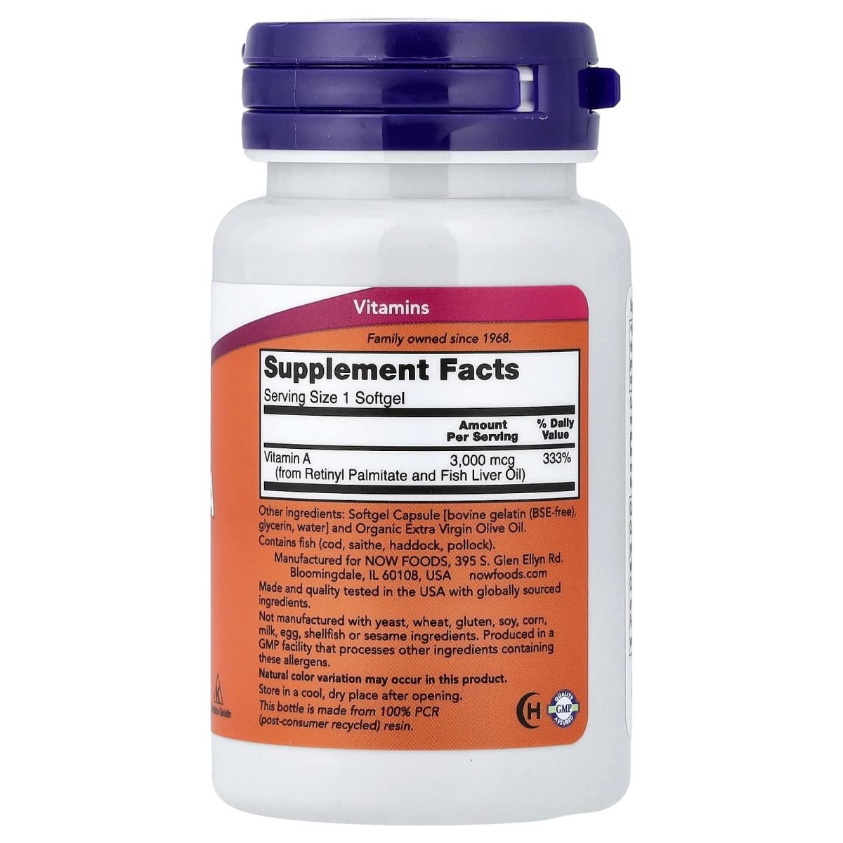 NOW Foods, Vitamin A, 3,000 mcg (10,000 IU), 100 Softgels, foto 2
