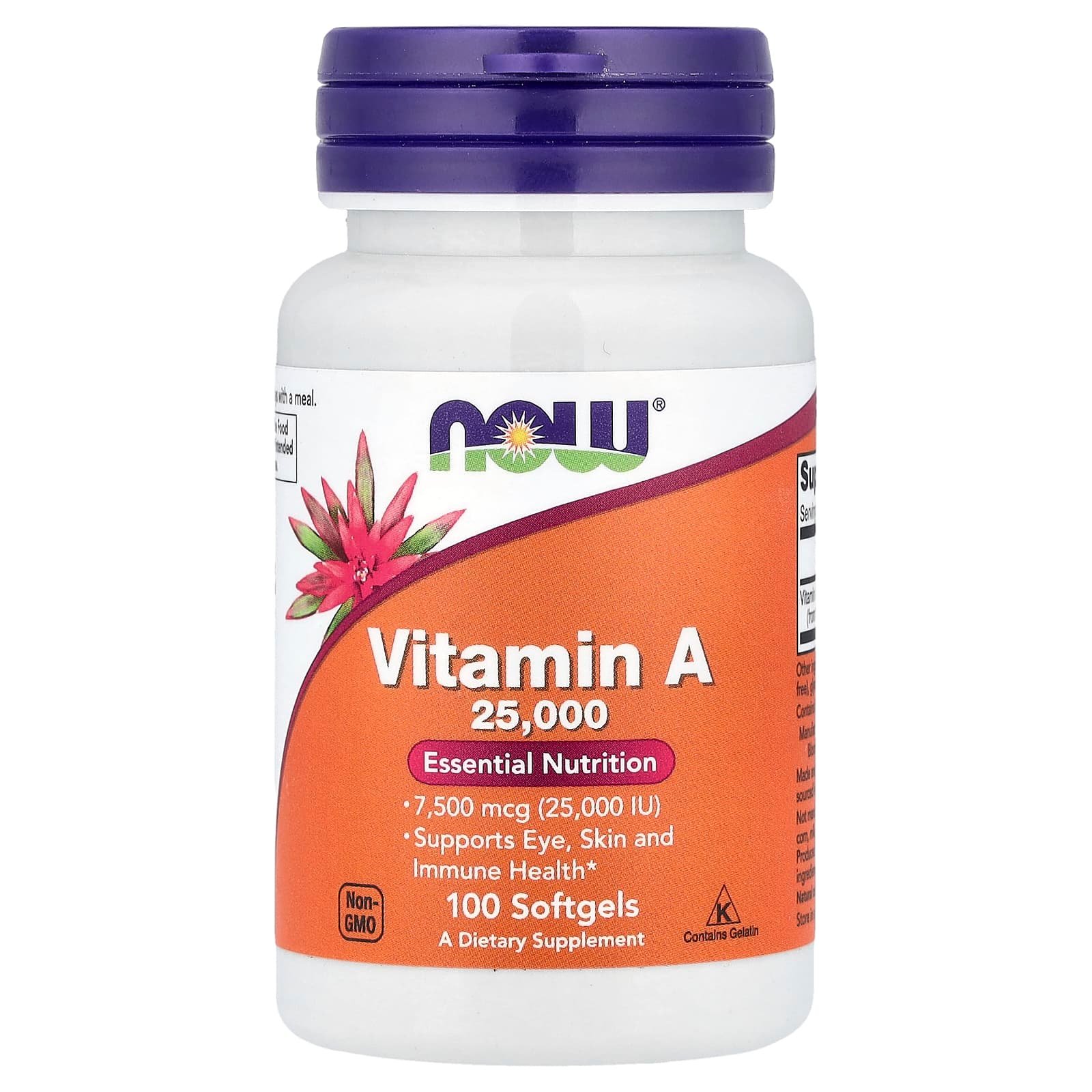 NOW Foods, Vitamina A, 7.500 mcg (25.000 UI), 100 Cápsulas Softgel