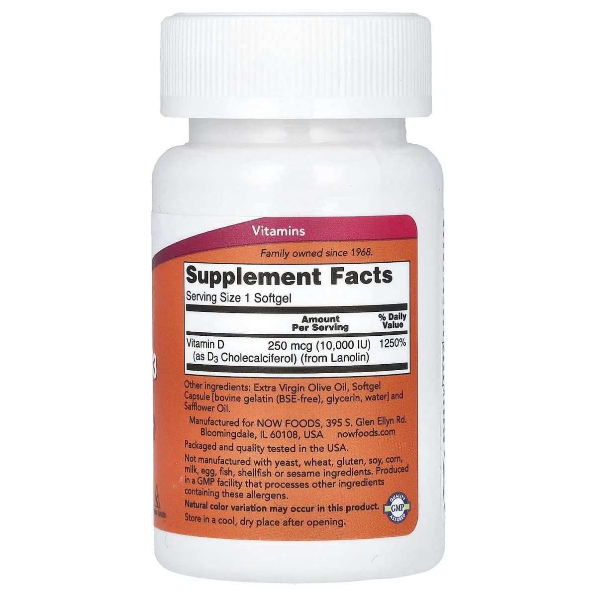 NOW Foods, Vitamin D-3, High Potency, 250 mcg (10,000 IU), 30 Softgels, foto 2