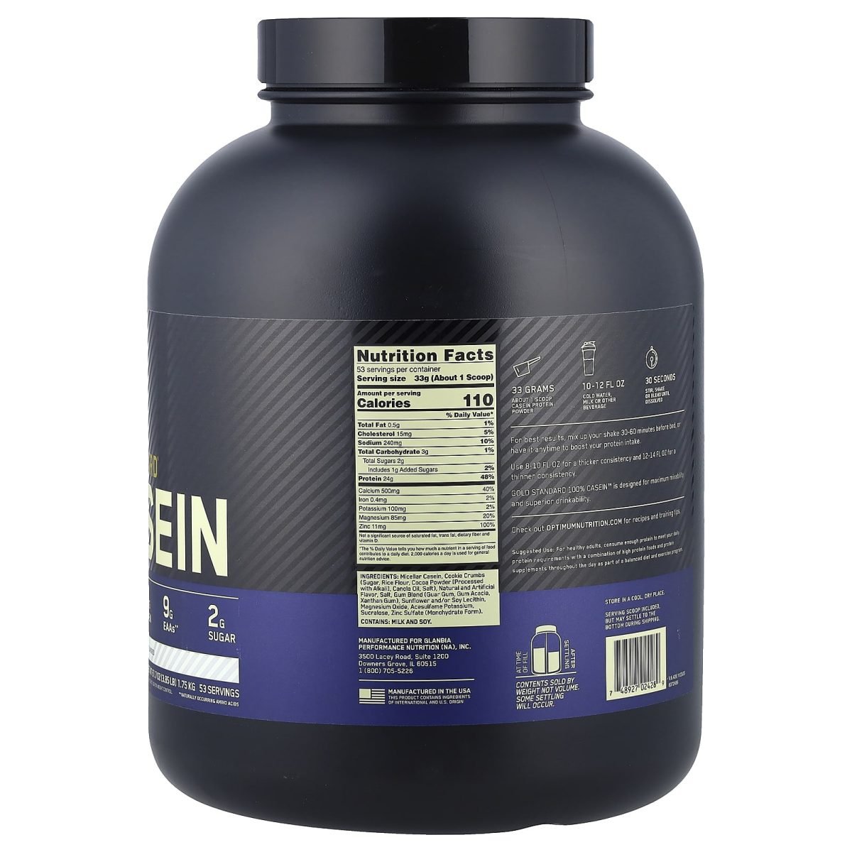Optimum Nutrition, Gold Standard® 100% Caseína, Cookies & Cream, 1,75 kg (3,85 lb), foto 2