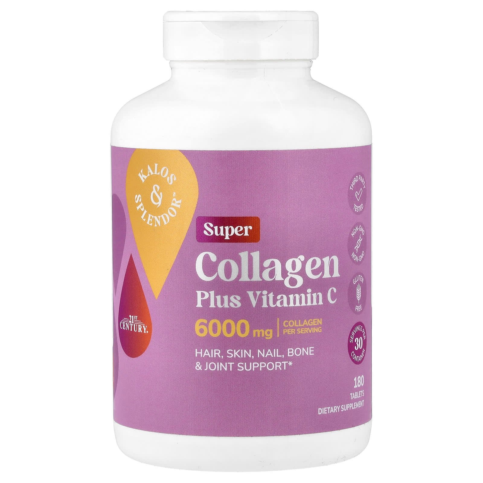 21st Century, Kalos & Splendor™, Super Collagen Mais Vitamina C, 180 Comprimidos