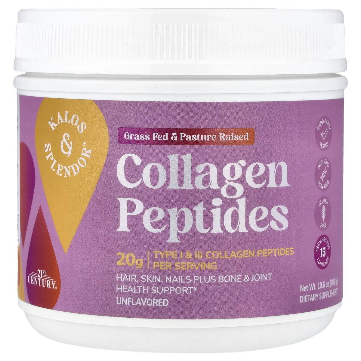 21st Century, Peptídeos de Colágeno da Kalos & Splendor™, Unflavored, 300 g (10,6 oz)
