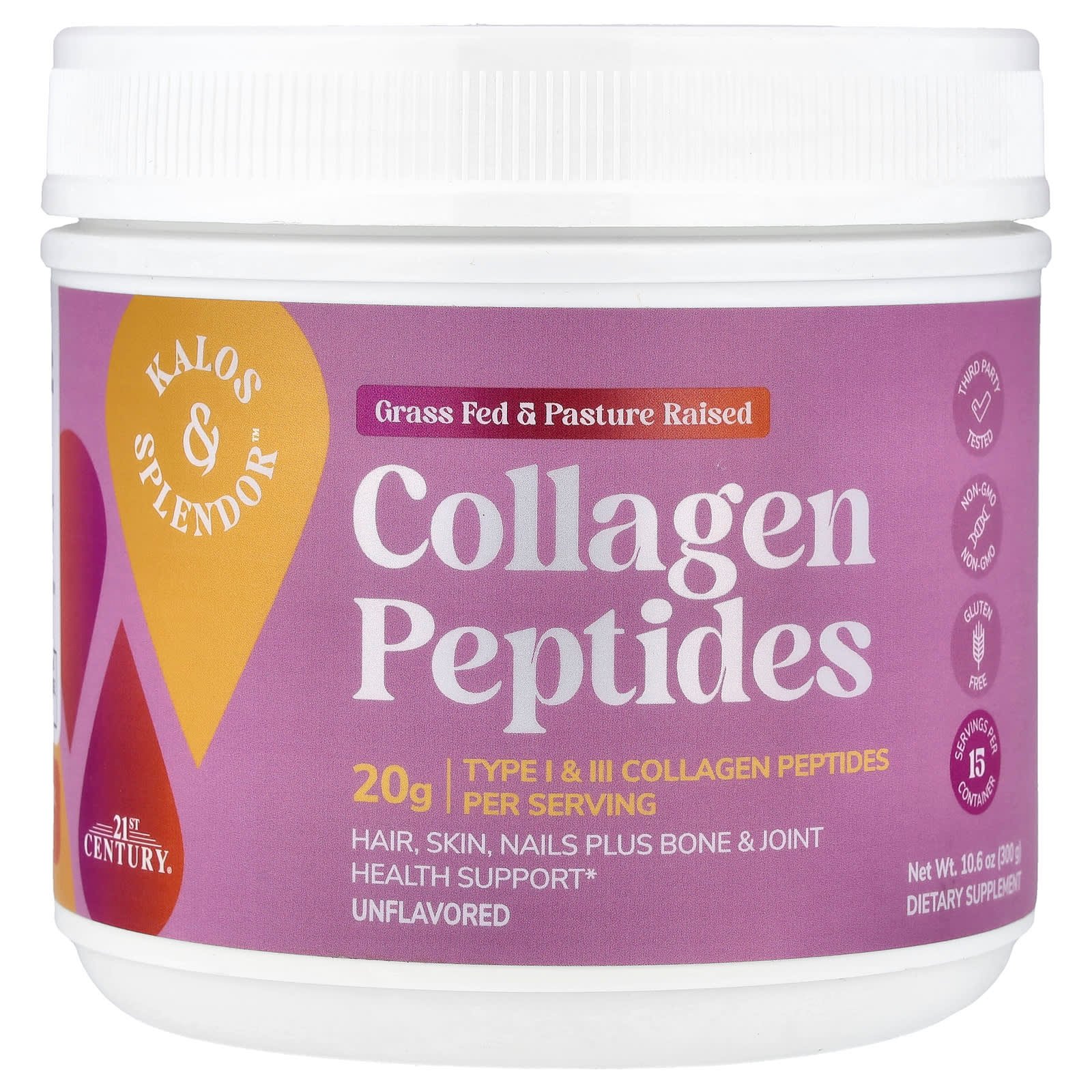 21st Century, Peptídeos de Colágeno da Kalos & Splendor™, Unflavored, 300 g (10,6 oz)