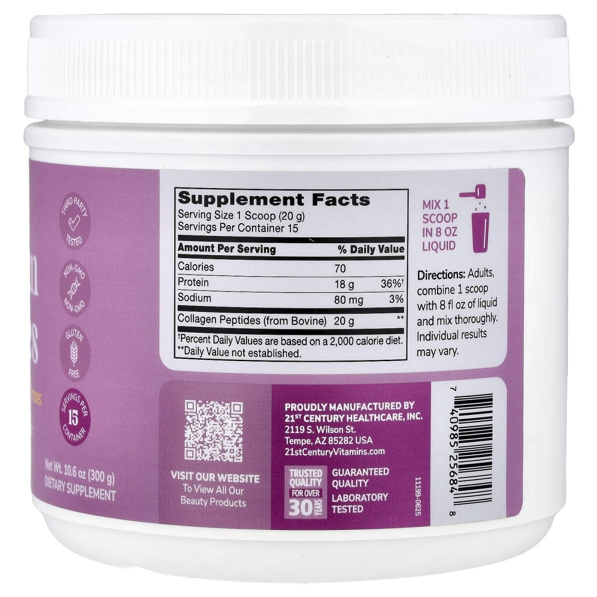 21st Century, Peptídeos de Colágeno da Kalos & Splendor™, Unflavored, 300 g (10,6 oz), foto 2