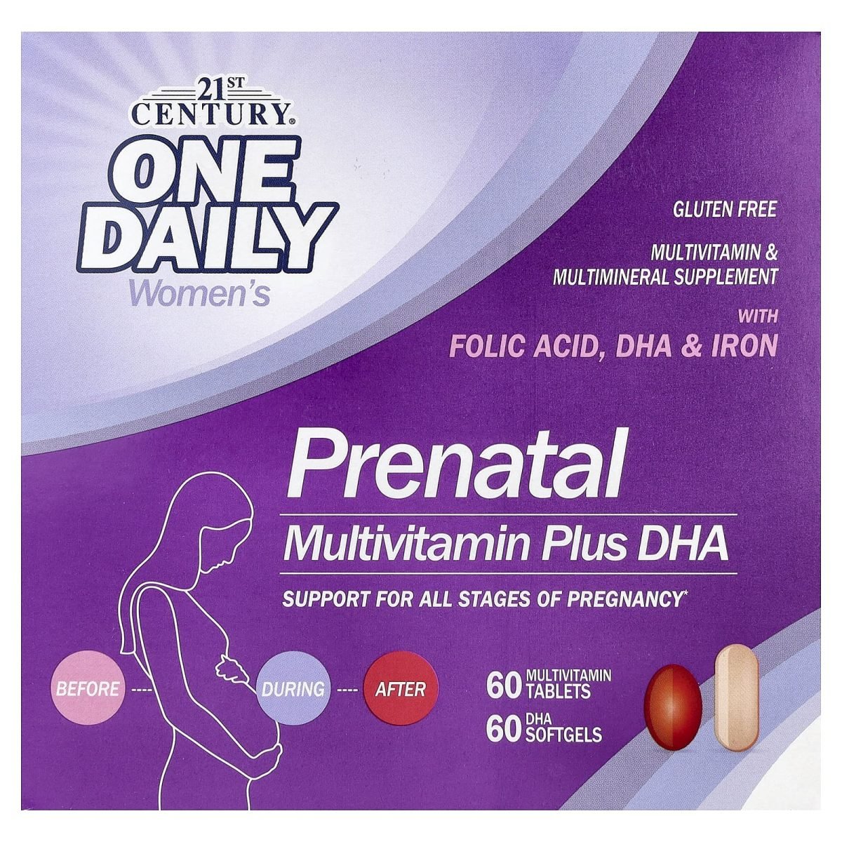 21st Century, Multivitamínico / Mineral + DHA pré-natal, 2 frascos, 60 comprimidos / 60 cápsulas softgel