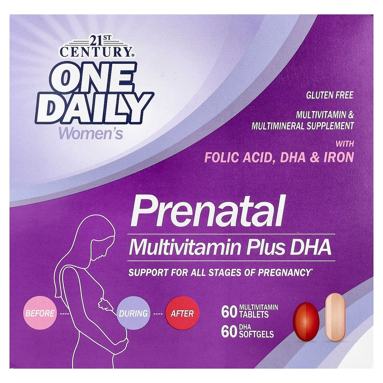 21st Century, Multivitamínico / Mineral + DHA pré-natal, 2 frascos, 60 comprimidos / 60 cápsulas softgel