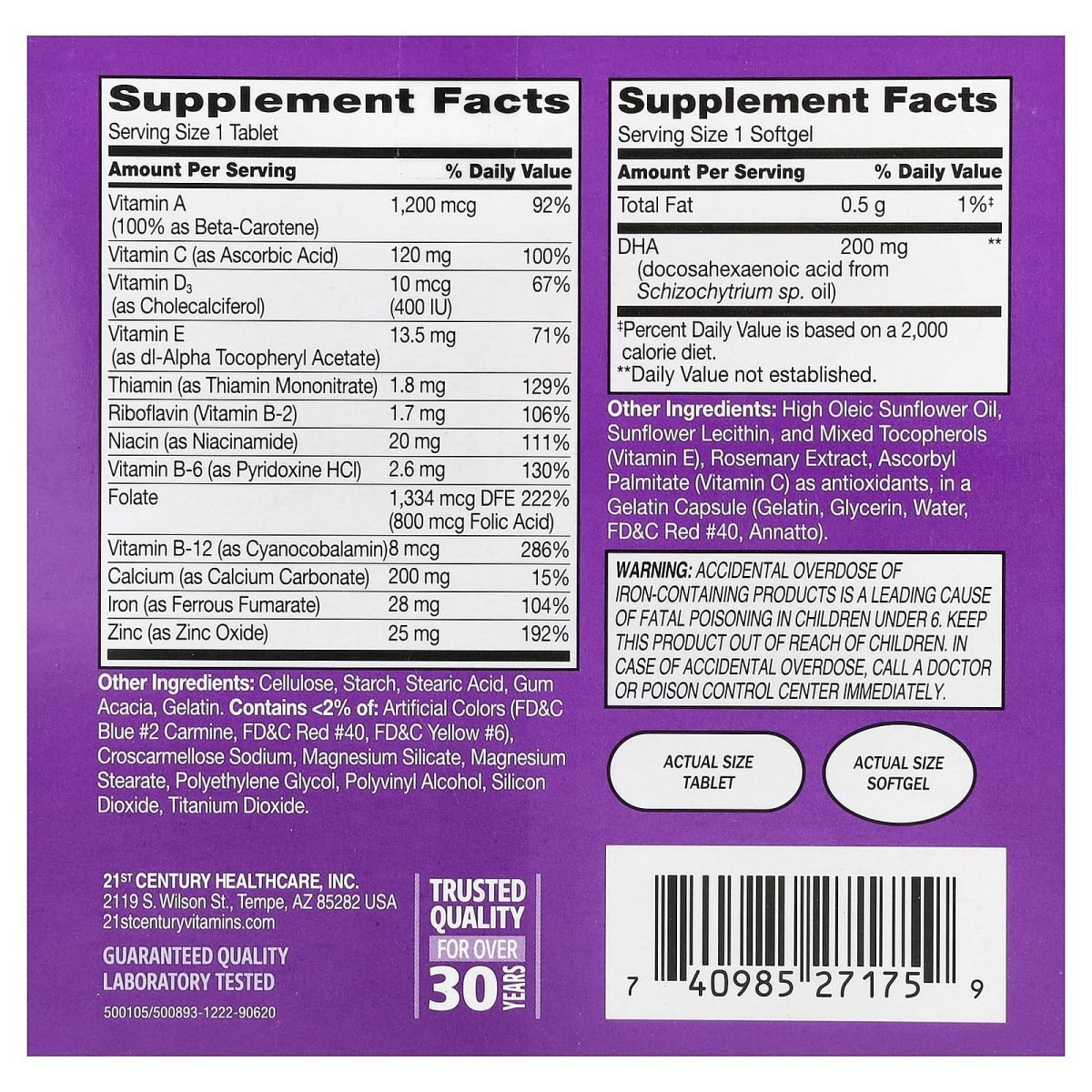 21st Century, Multivitamínico / Mineral + DHA pré-natal, 2 frascos, 60 comprimidos / 60 cápsulas softgel, foto 2