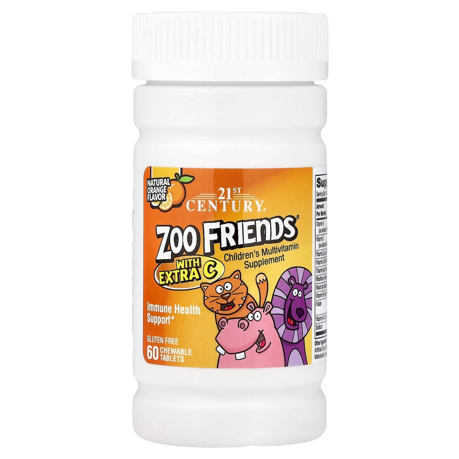 21st Century, Zoo Friends® com Extra C, Natural Orange, 60 Comprimidos Mastigáveis