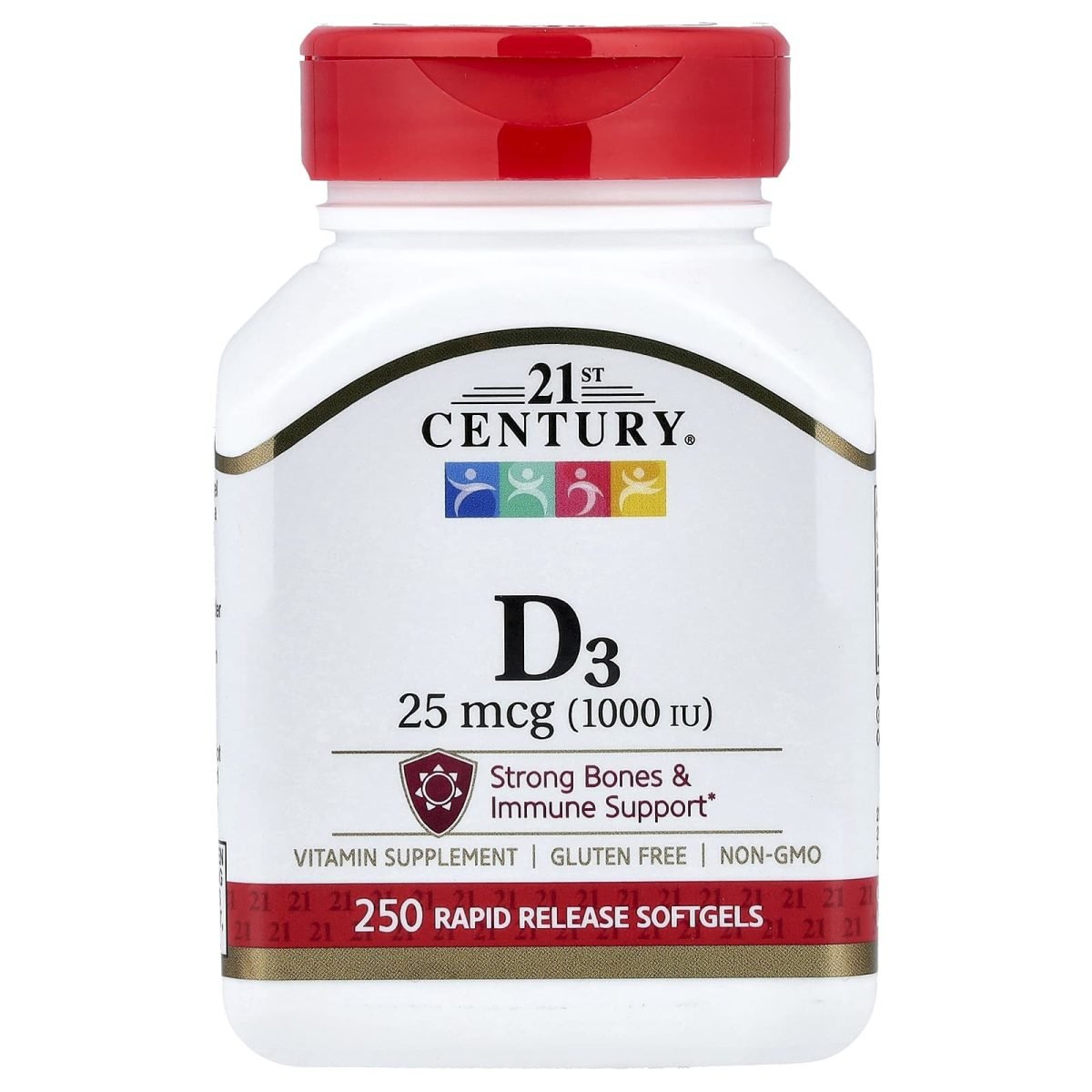 21st Century, Vitamina D3, 25 mcg (1.000 UI), 250 Cápsulas Softgel de Liberação Rápida