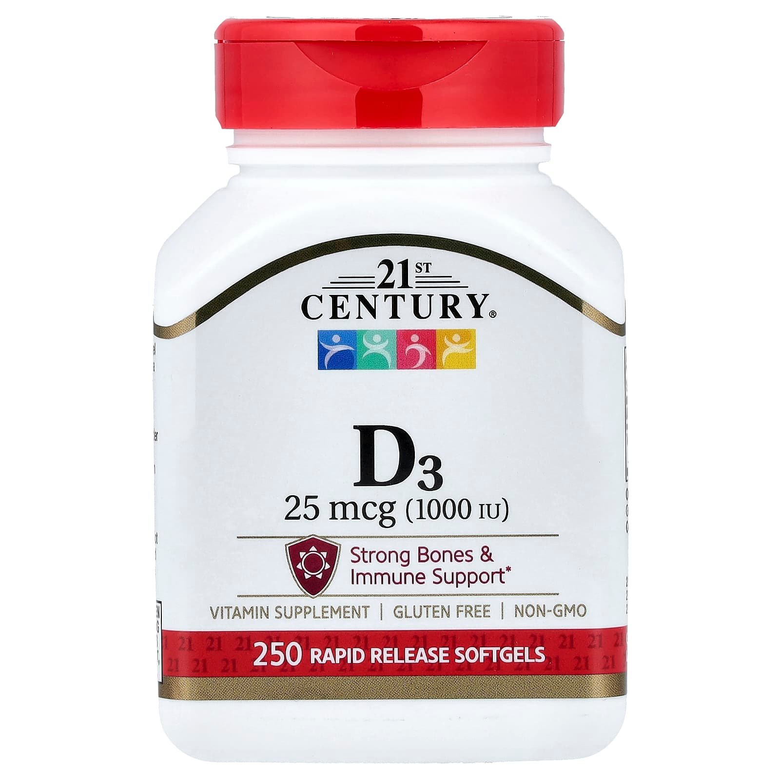 21st Century, Vitamina D3, 25 mcg (1.000 UI), 250 Cápsulas Softgel de Liberação Rápida
