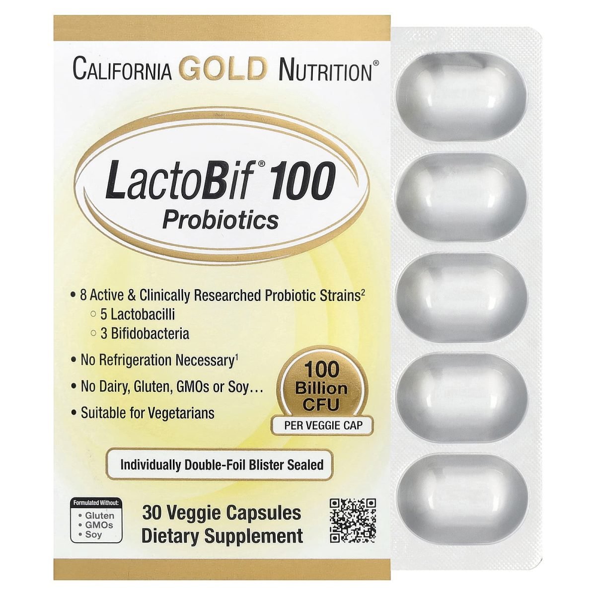 California Gold Nutrition, Probióticos LactoBif® 100, 100 Bilhões de UFCs, 30 Cápsulas Vegetais
