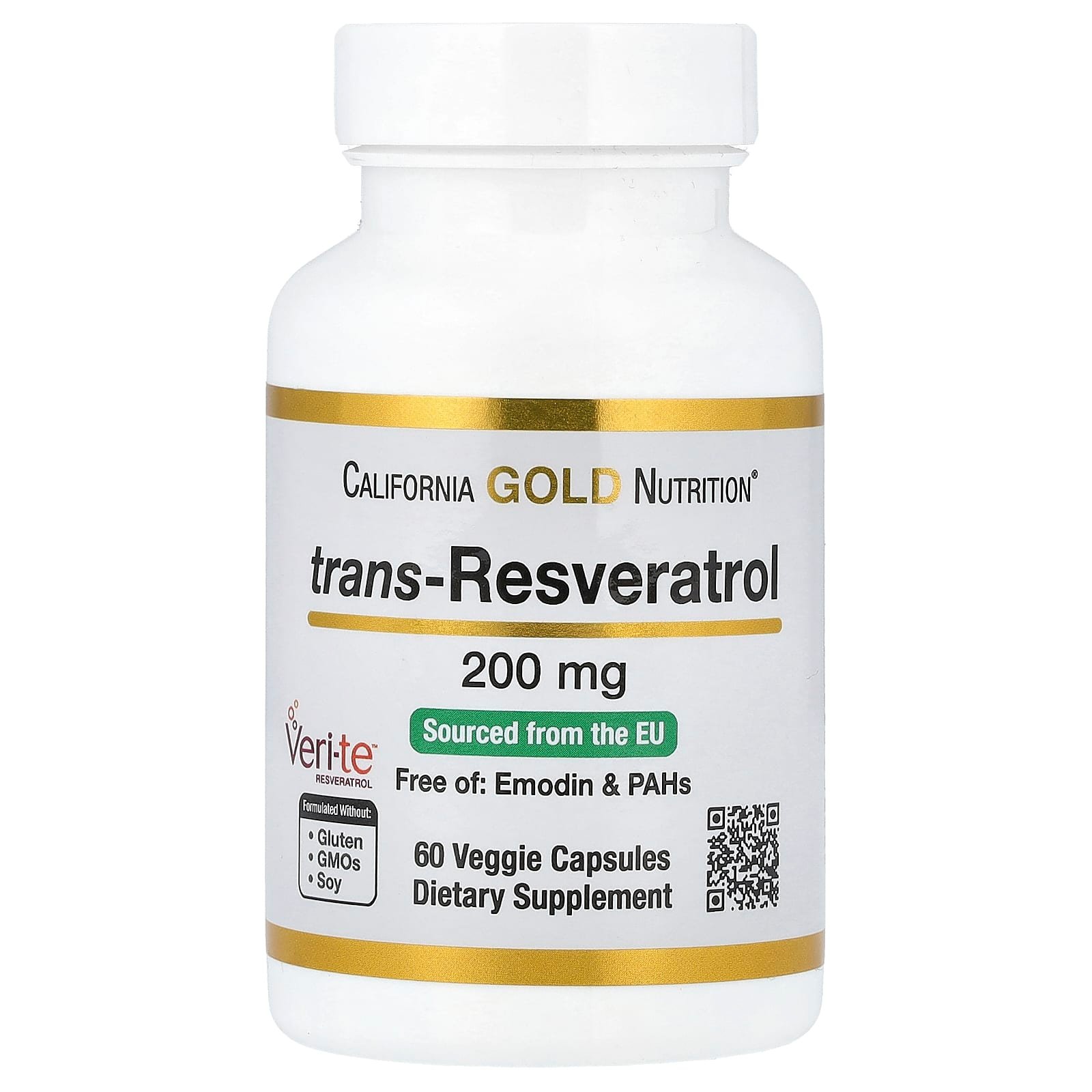 California Gold Nutrition, Trans-resveratrol, 200 mg, 60 Cápsulas Vegetais