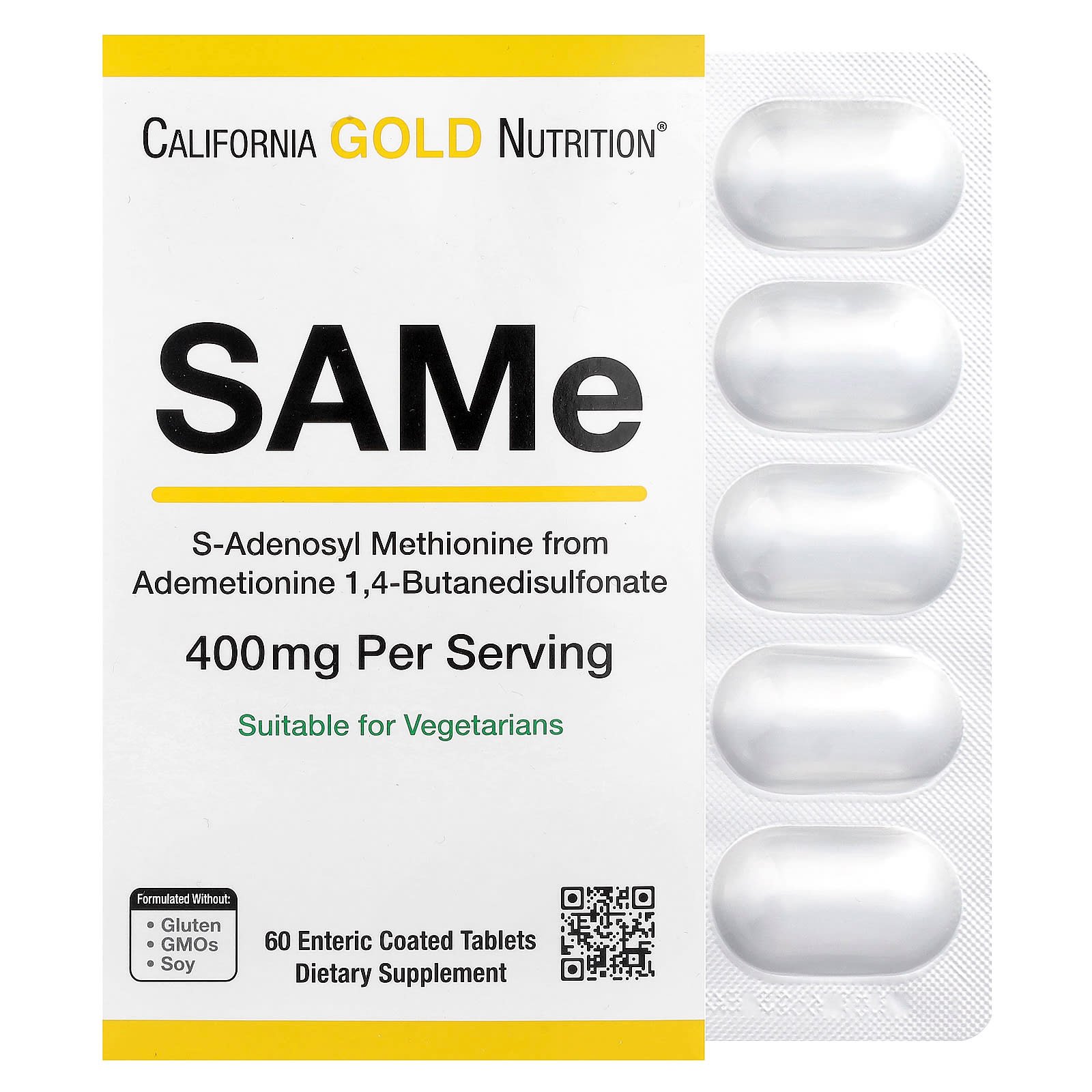 California Gold Nutrition, SAMe, Butanodissulfonato, 400 mg, 60 Comprimidos com Revestimento Entérico