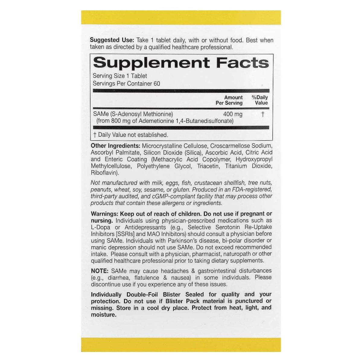 California Gold Nutrition, SAMe, Butanodissulfonato, 400 mg, 60 Comprimidos com Revestimento Entérico, foto 2