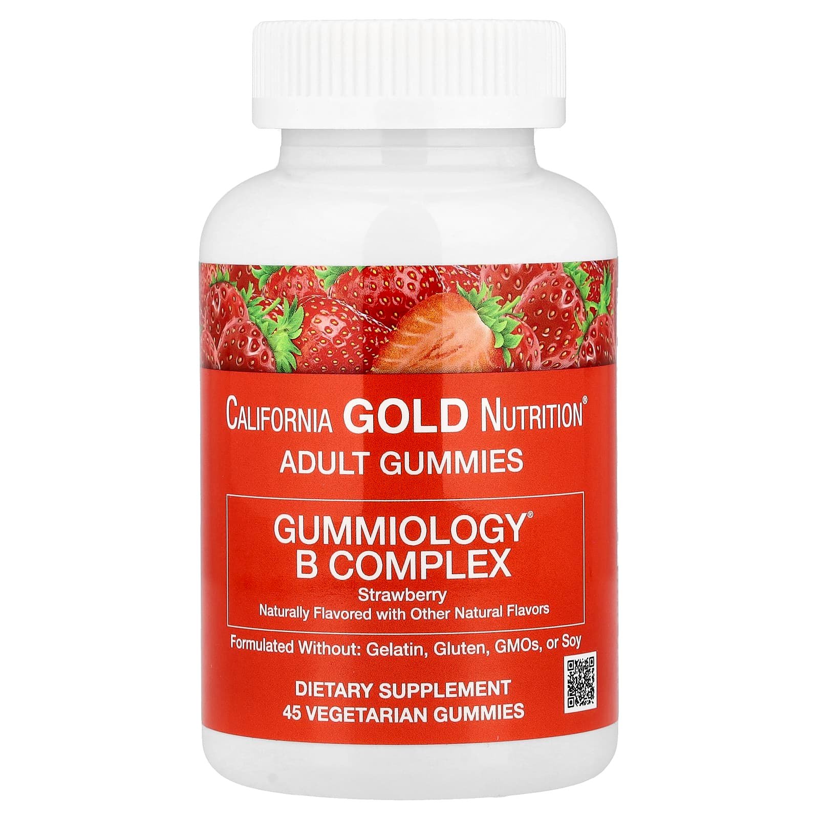 California Gold Nutrition, Gomas de Complexo B com Vitaminas B6 e B12, Folato e Biotina, Strawberry, 45 Gomas Vegetarianas