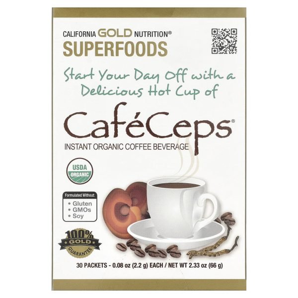California Gold Nutrition, CafeCeps®, Certified Organic Instant Coffee with Cordyceps, and Reishi Mushroom Powder, 30 Packets, 0.08 oz (2.2 g) Each