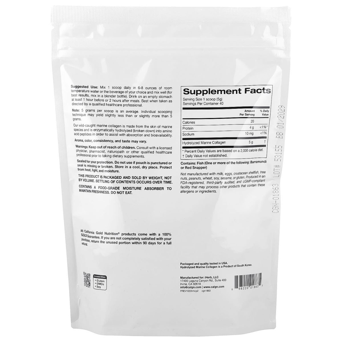 California Gold Nutrition, Peptídeos de Colágeno Marinho Hidrolisado, Unflavored, 200 g (7,05 oz), foto 2