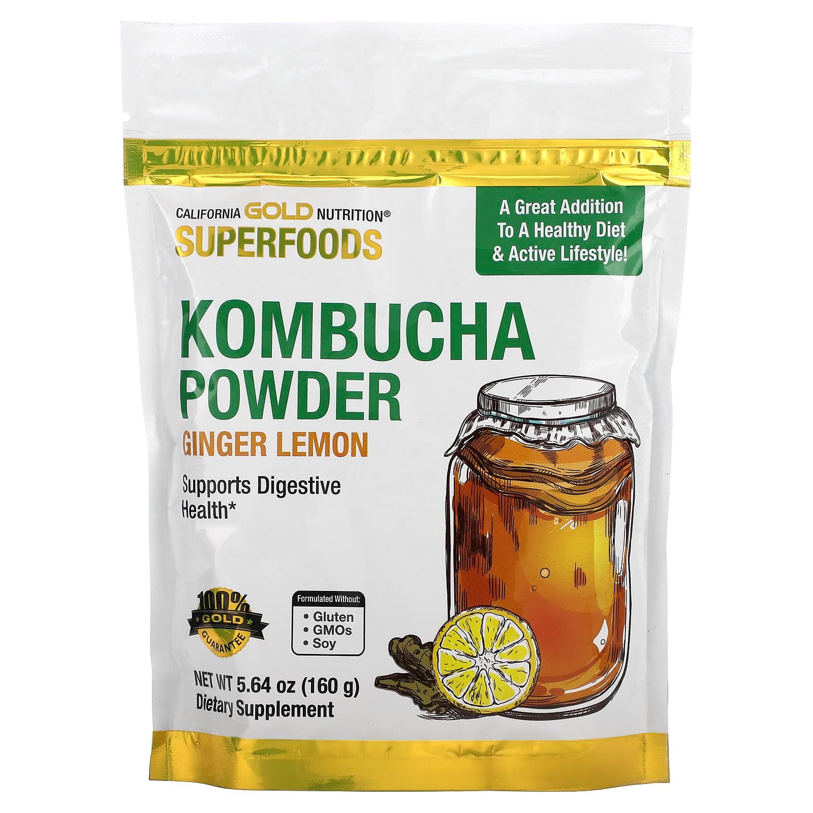 California Gold Nutrition, Superfoods, Kombucha em Pó, Ginger Lemon, 160 g (5,64 oz)