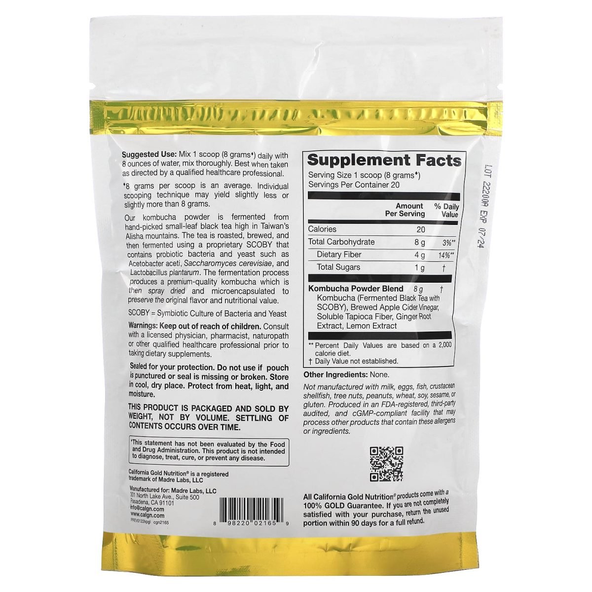 California Gold Nutrition, Superfoods, Kombucha em Pó, Ginger Lemon, 160 g (5,64 oz), foto 2
