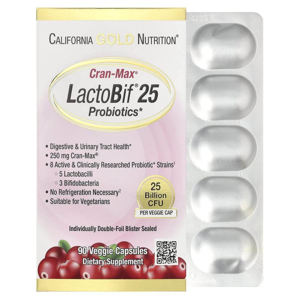 California Gold Nutrition, Probiótico LactoBif® CranMax®, 25 Bilhões de UFCs, 90 Cápsulas Vegetais