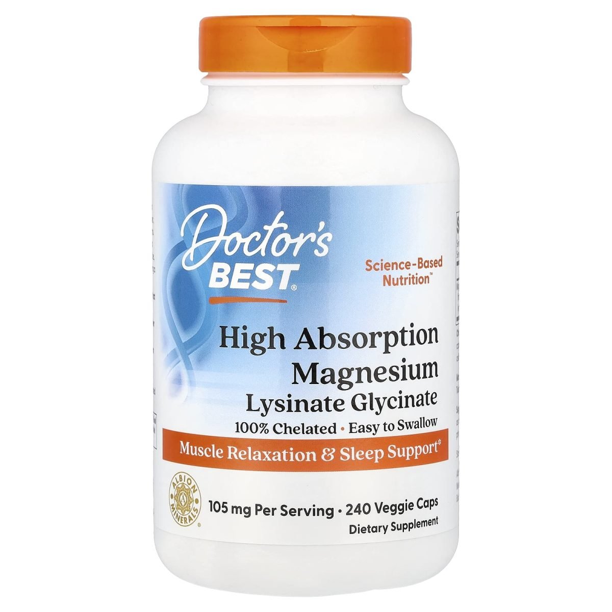 Doctor's Best, Glicinato Lisinato de Magnésio, Alta Absorção, 240 Cápsulas Vegetais (52,5 mg por Cápsula)