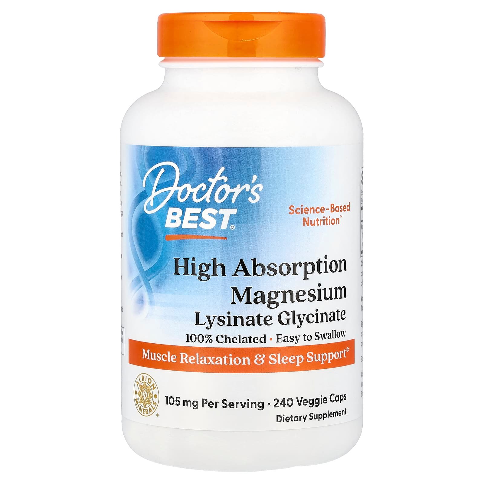 Doctor's Best, Glicinato Lisinato de Magnésio, Alta Absorção, 240 Cápsulas Vegetais (52,5 mg por Cápsula)