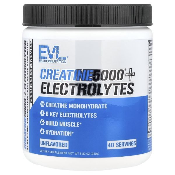EVLution Nutrition, Creatine5000® com Eletrólitos, Unflavored, 250 g (8,82 oz)