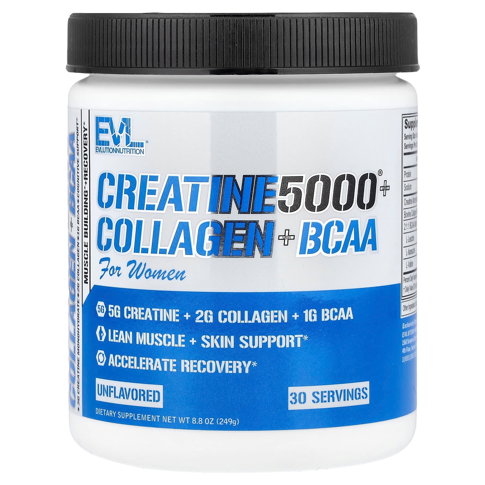 EVLution Nutrition, Creatine5000® com Colágeno + BCAA, Para Mulheres, Unflavored, 249 g (8,8 oz)