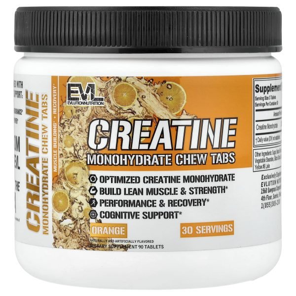 EVLution Nutrition, Comprimidos Mastigáveis de Creatina Mono-hidratada, Orange, 90 Comprimidos