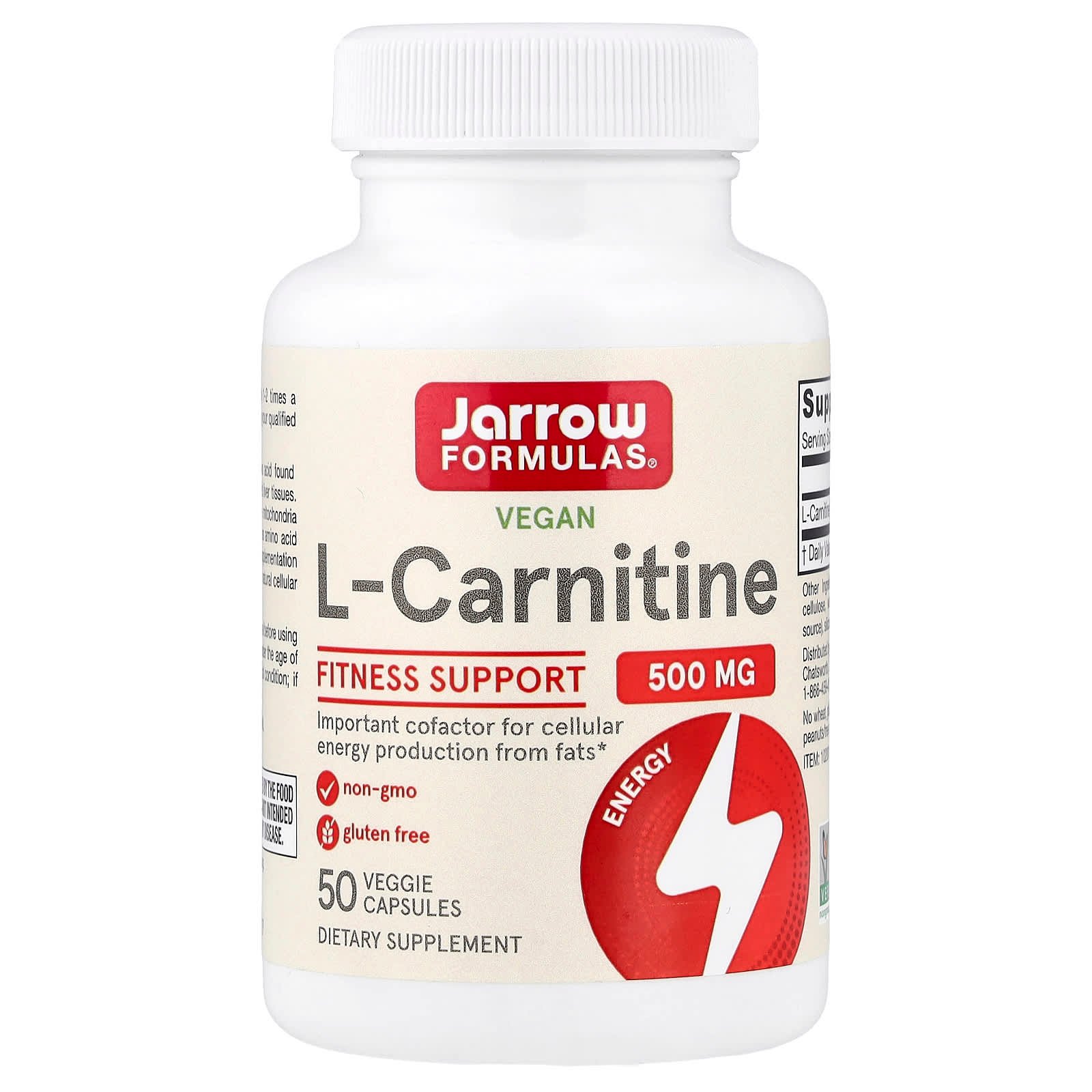 Jarrow Formulas, L-Carnitina Vegana, 500 mg, 50 Cápsulas Vegetais