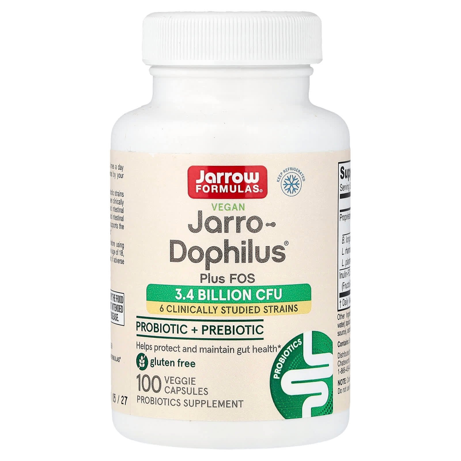 Jarrow Formulas, Jarro-Dophilus® Plus FOS Vegano, 100 Cápsulas Vegetais