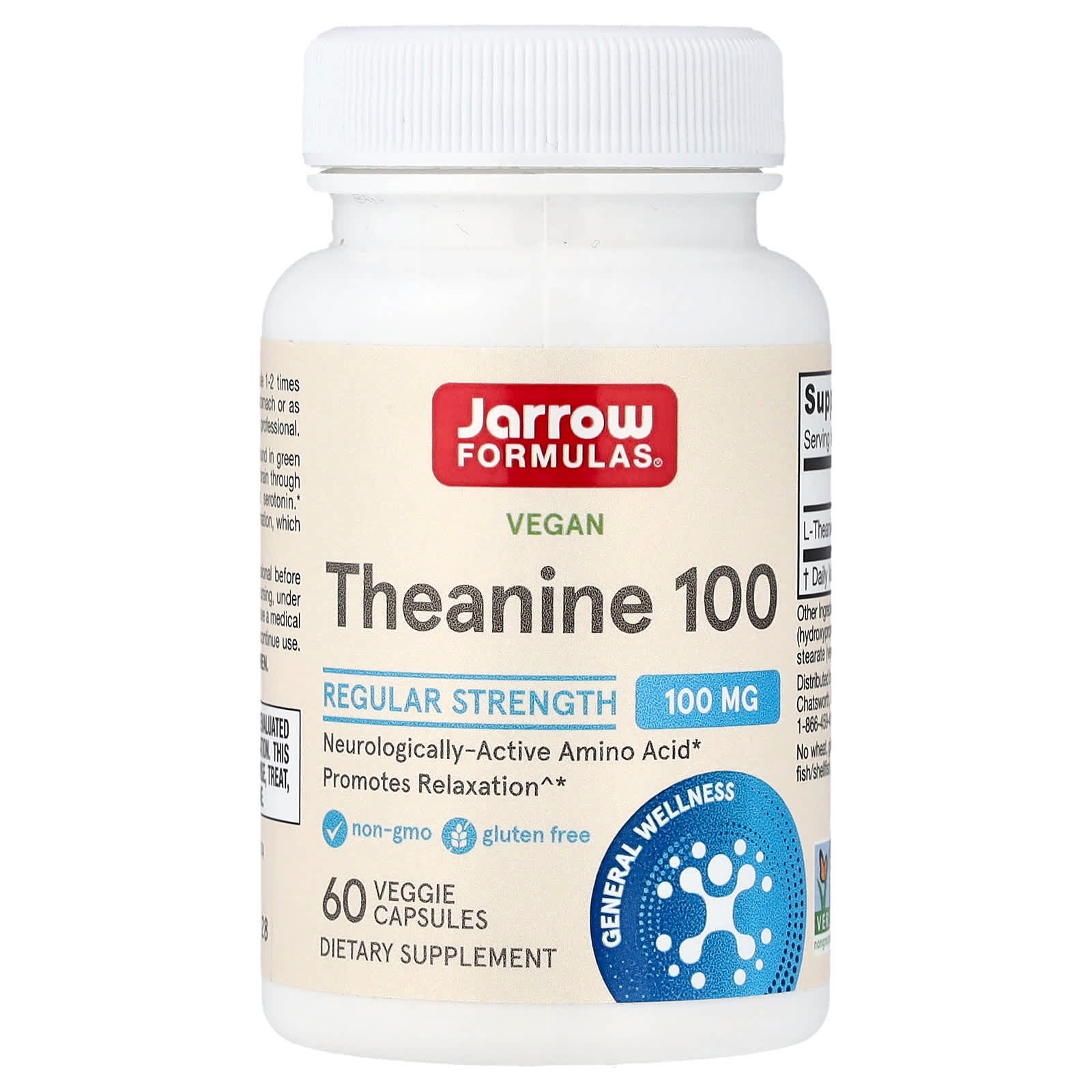 Jarrow Formulas, Theanine Vegana 100, 100 mg, 60 Cápsulas Vegetais