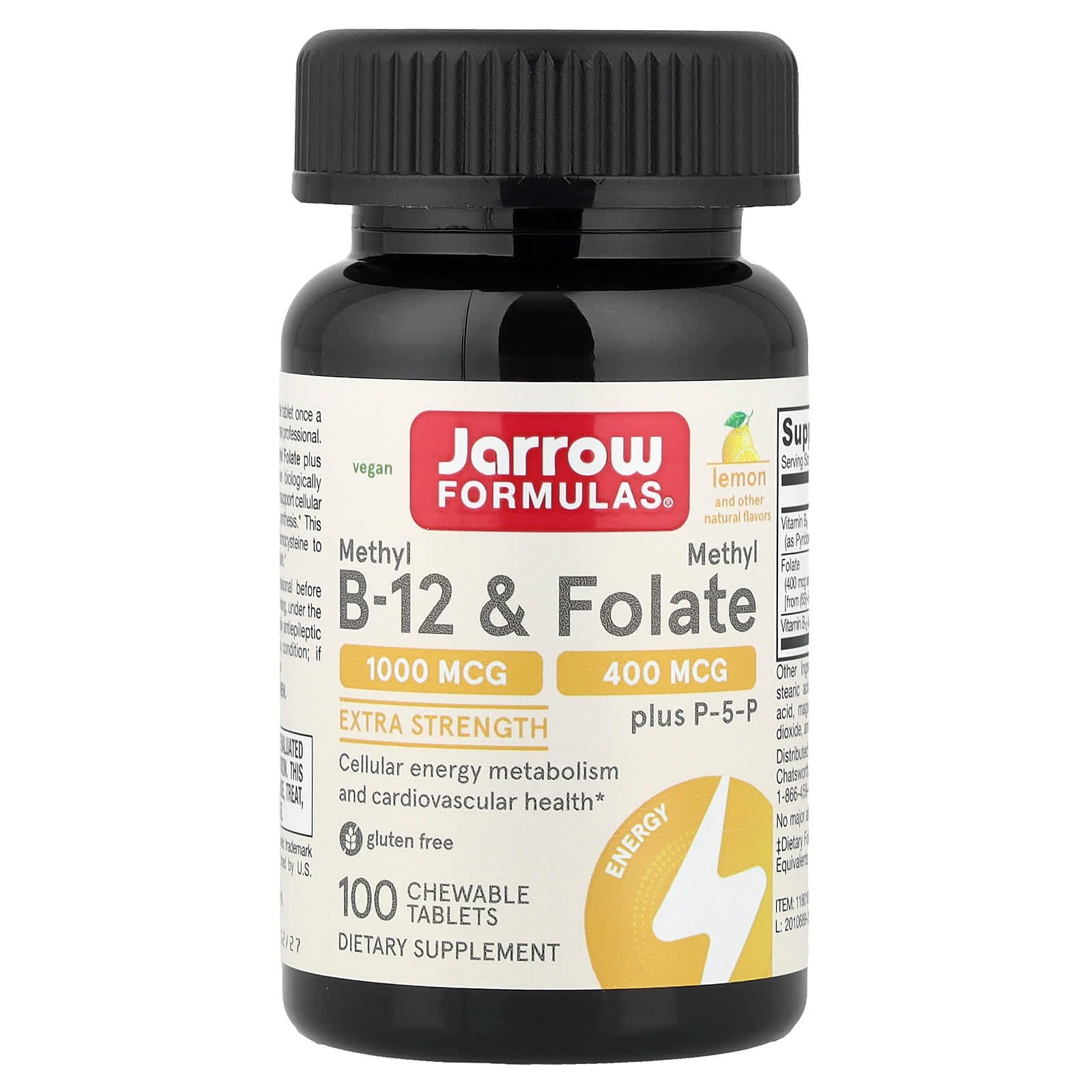 Jarrow Formulas, Metil B-12 e Metilfolato Vegano, Lemon, 100 Comprimidos Mastigáveis