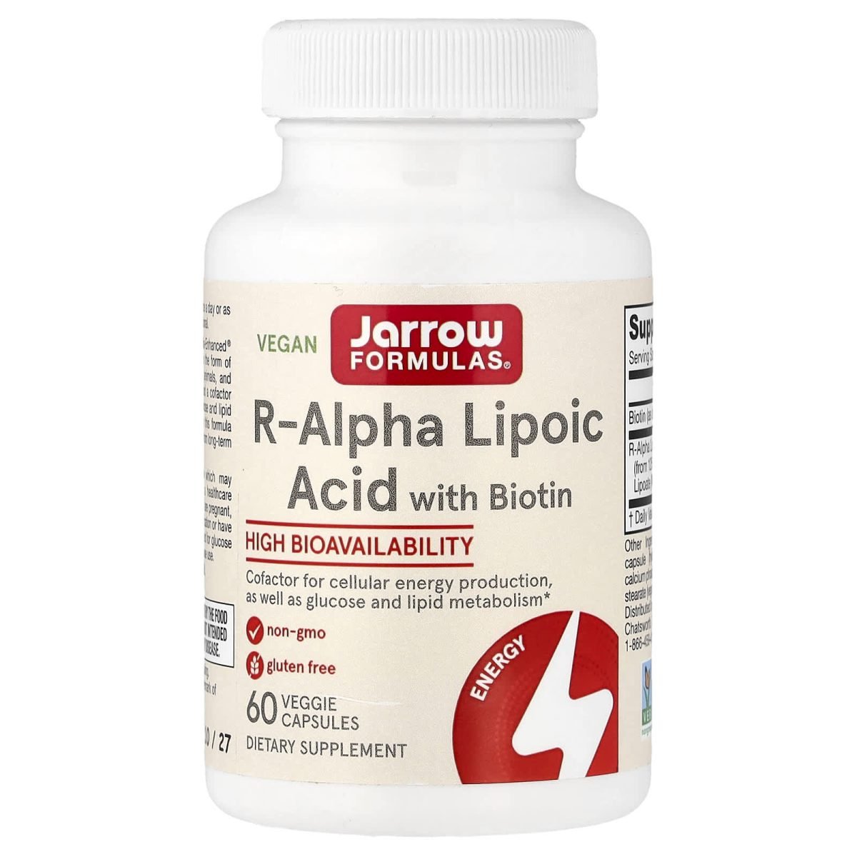 Jarrow Formulas, Ácido R-Alfa-Lipoico com Biotina, 60 Cápsulas Vegetais