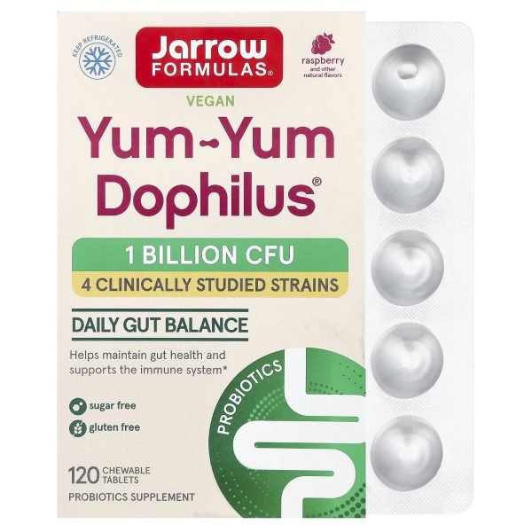Jarrow Formulas, Yum-Yum Dophilus® Vegano, Raspberry, 120 Comprimidos Mastigáveis