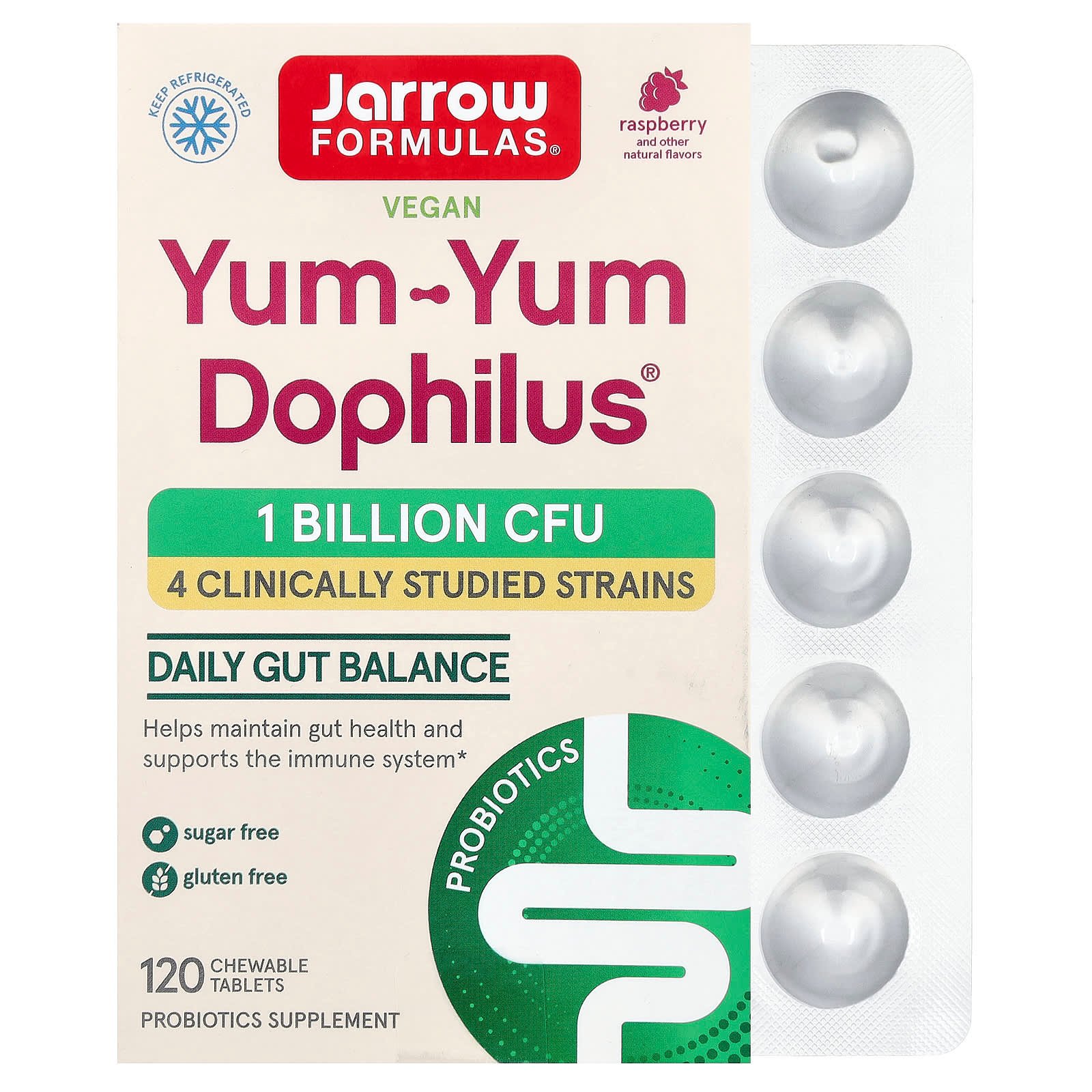 Jarrow Formulas, Yum-Yum Dophilus® Vegano, Raspberry, 120 Comprimidos Mastigáveis