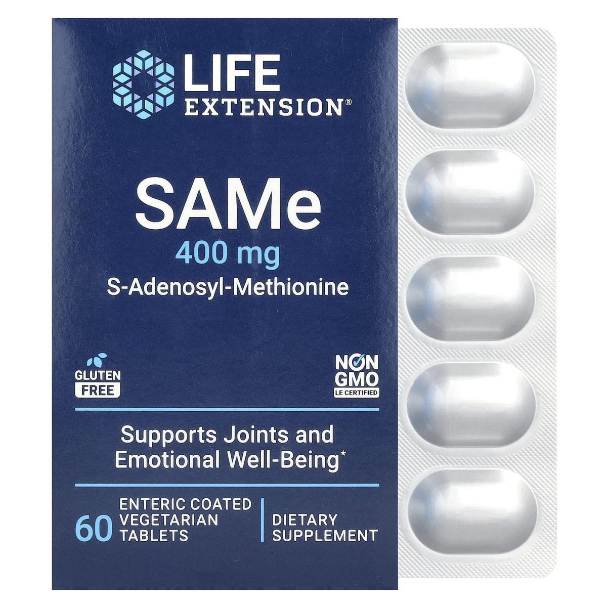 Life Extension, SAMe (S-Adenosilmetionina), 400 mg, 60 Comprimidos Vegetarianos com Revestimento Entérico