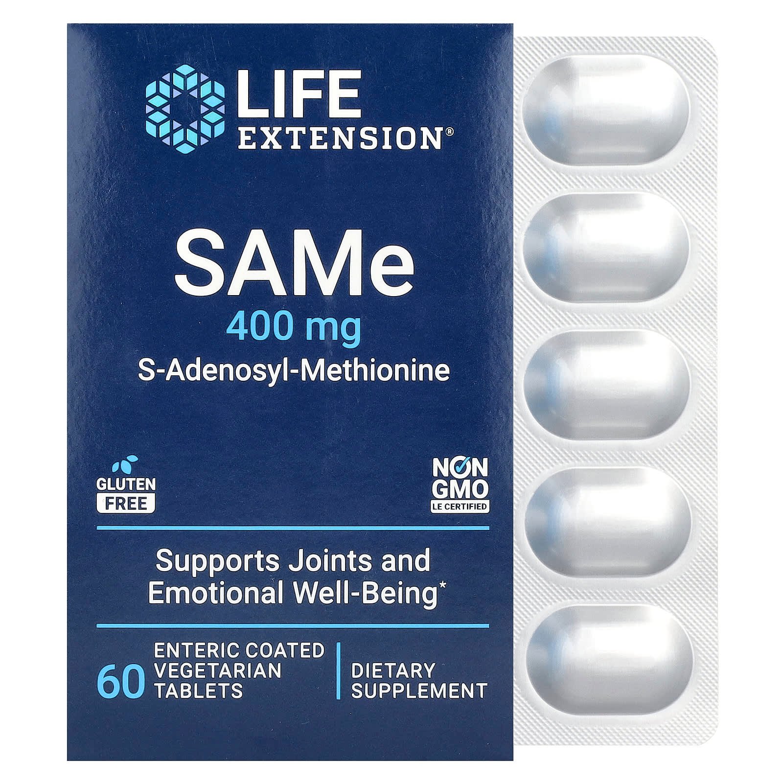 Life Extension, SAMe (S-Adenosilmetionina), 400 mg, 60 Comprimidos Vegetarianos com Revestimento Entérico