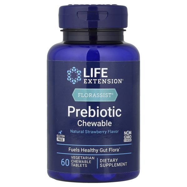 Life Extension, Florassist®, Prebiótico Mastigável, Natural Strawberry, 60 Comprimidos Mastigáveis Vegetarianos (1.400 mg por Comprimido)