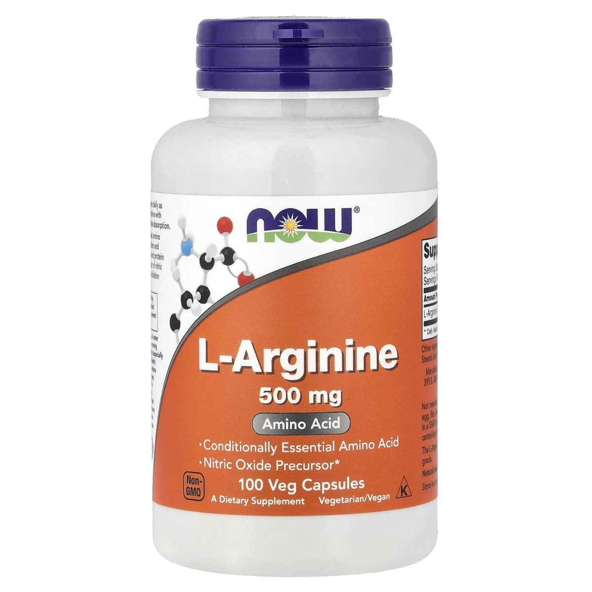 NOW Foods, L-Arginina, 500 mg, 100 Cápsulas Vegetais
