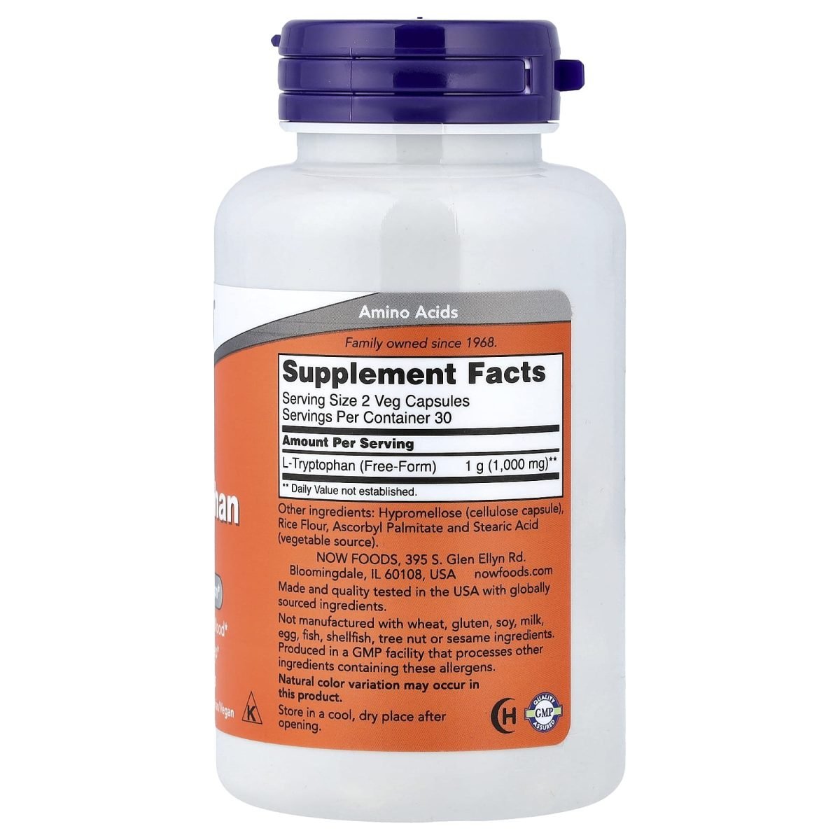 NOW Foods, L-Tryptophan, 500 mg, 60 Veg Capsules, foto 2
